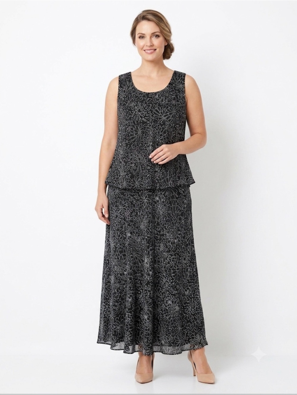 Miss Dorby Black White Floral Layered Midi Dress Size 16 Sleeveless Lined